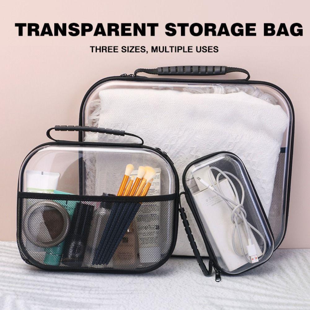 Front Mesh Pocket Toiletries Packaging Bag Transparent Zippered Hard Pouch Small Items