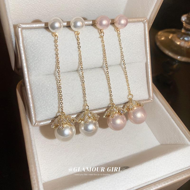 Náušnice se střapci z perel a zirkonů se stříbrnými jehličkami - Francouzský lehký luxus, High-end móda, Všestranné dámské pecky