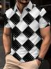 Printed Design – Not Textured Men's Casual Short Sleeve - Black and White Rhombus Pattern Print, Regular Fit Button- Collar, All-Season Versatile Top,