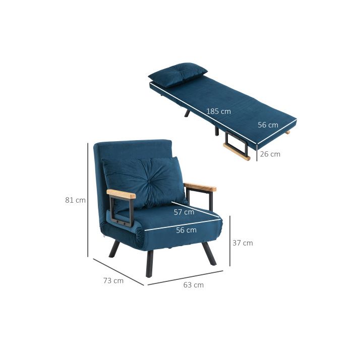 Rozkládací pohovka - HOMCOM - Relaxační křeslo - Modrý samet - Nastavitelná opěrka zad - 1 místo