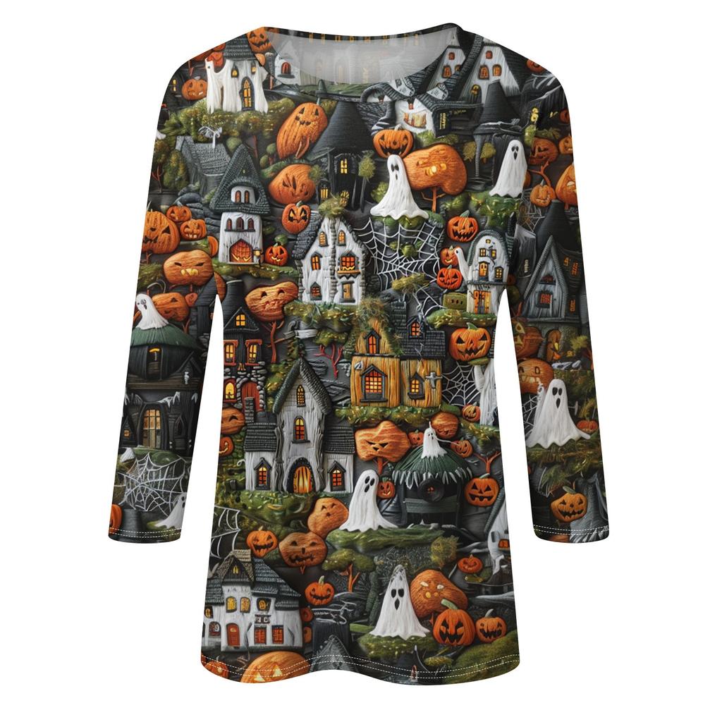 Košile s 3/4 rukávem pro ženy Roztomilá 3D halloweenská trička s potištěným grafickým tričkem Halenky Běžné Velikosti Basic Tops Pulovr