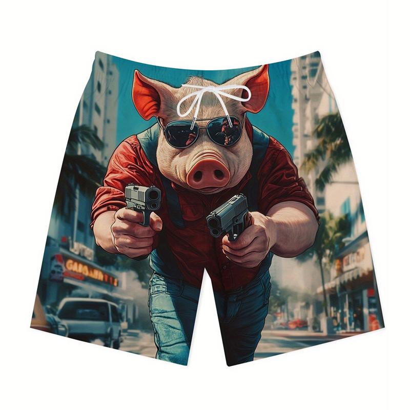 Summer 3D Funny Pig Pattern Print Shorts Fashionable Casual Beach Hawaii Men's Shorts
