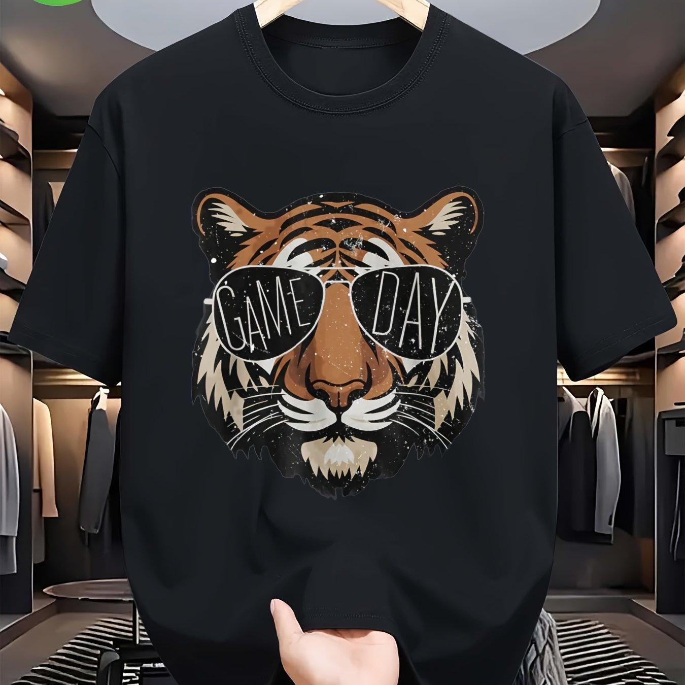 Cool Tiger Head Printed T-Shirt for Men Trendy Game Day Sunglasses Graphic Short Sleeve Tees Retro Wild Animal Round Neck Casual Summer Streetwear Top S чёрный