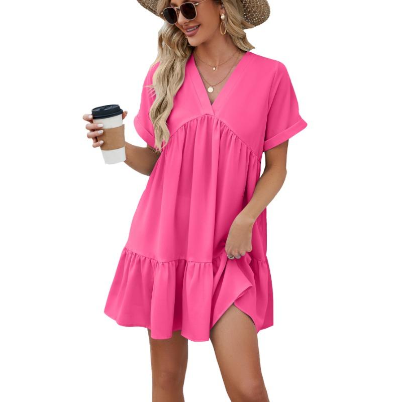Summer Women's Dress New Solid Color V-Neck Loose Pleated Dresses