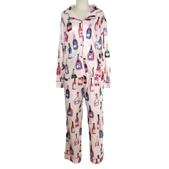 Women's Champagne Bottle Pajamas Set Long Sleeve Button Down Shirt And Pants Sleepwear Set Casual Wine Glasses Print 2 Piece Homewear Set