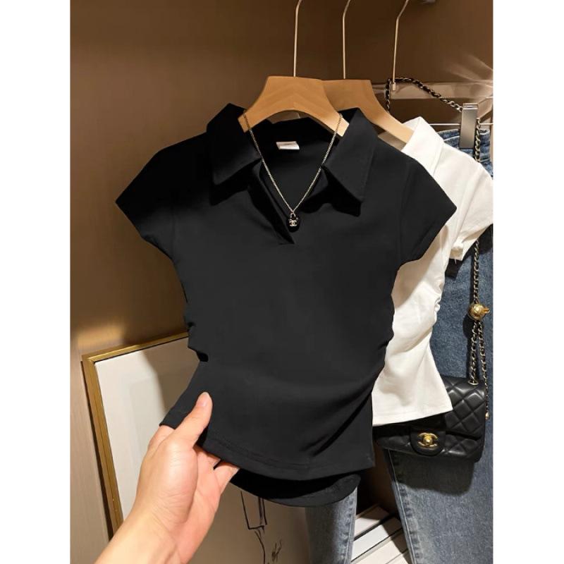 Damski T-shirt Slim Fit z Białym Kołnierzykiem Polo i Krótkim Rękawem - 2025 Wzór Casualowy