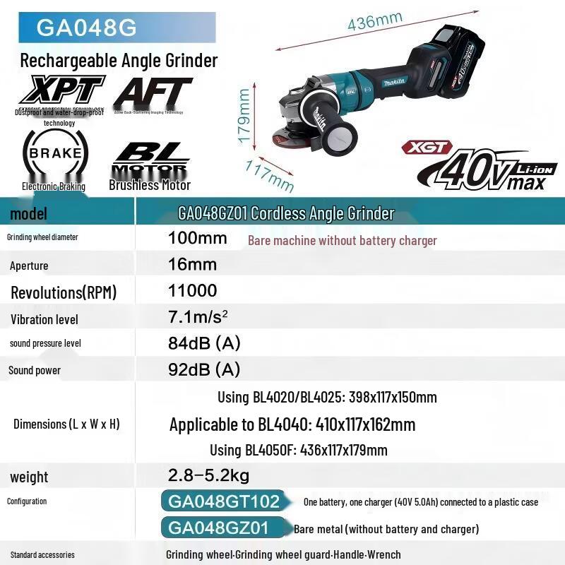 

Makita GA048G 40V 100mm Brushless Cordless Angle Grinder CN plug (adapter included)