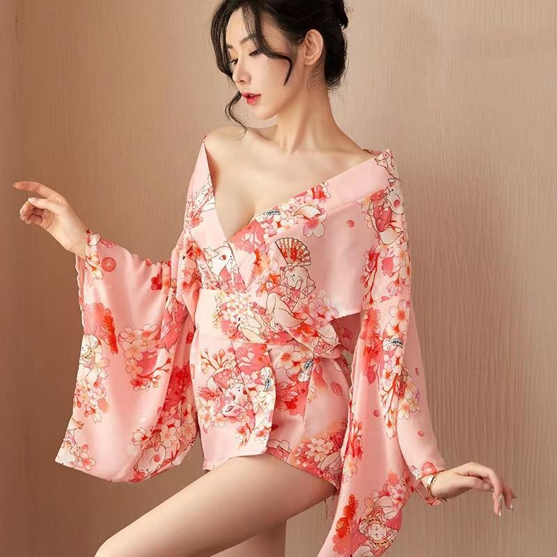 Sexy Lingerie Cheongsam Printed Open Placket Pink Temptation Kimono Set Performance Suit