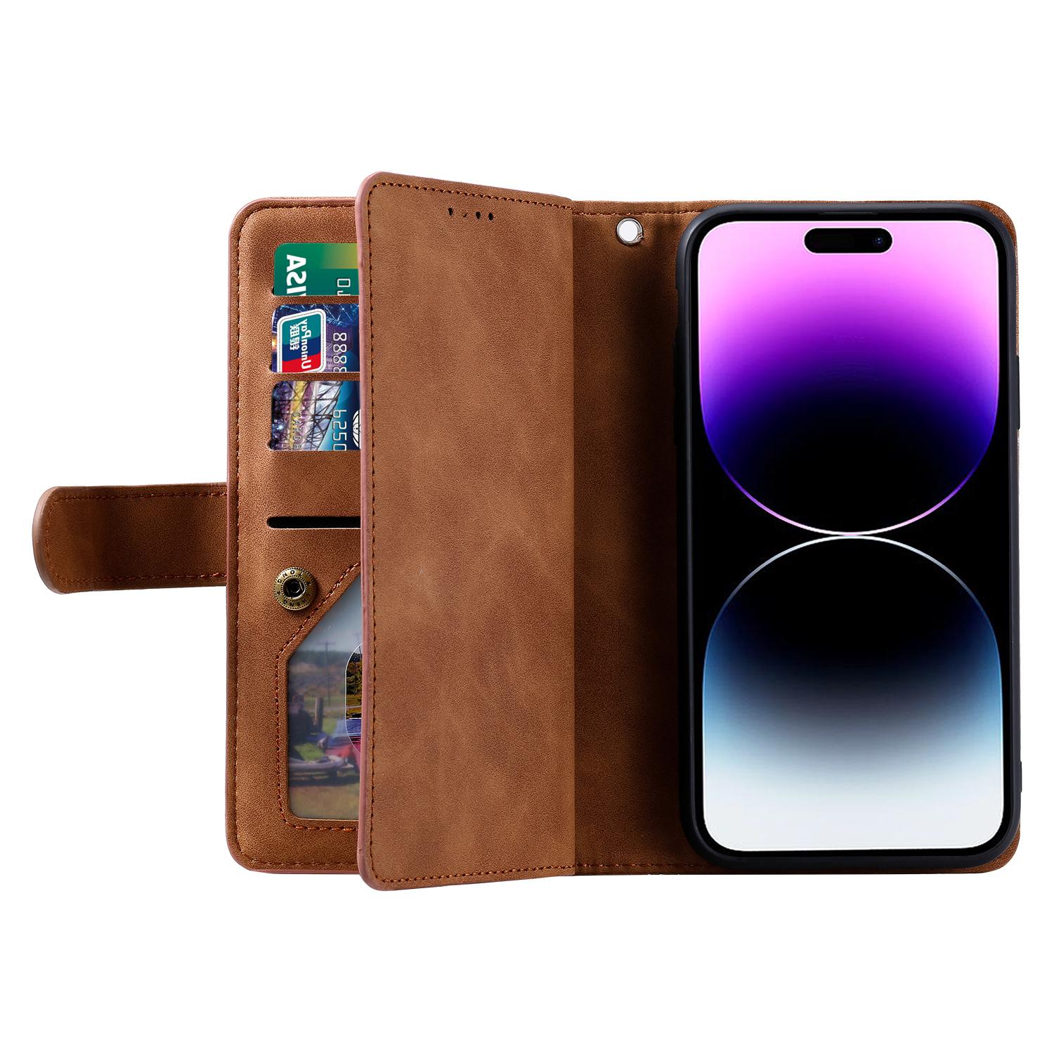 

For iPhone 16 Plus Case Zipper Pocket 9 Card Slots PU Leather Phone Cover Brown