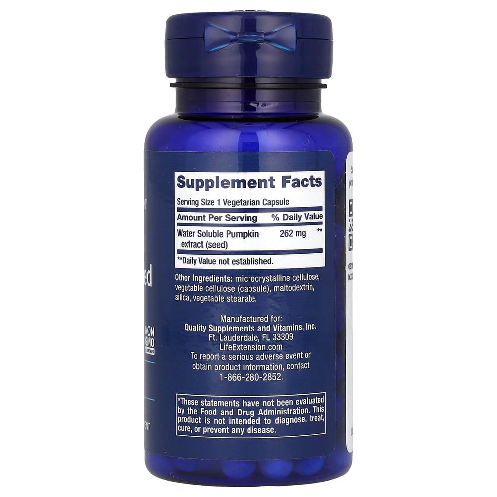 Life Extension Water-Soluble Pumpkin Seed Extract Veggie Capsules, 60 Count