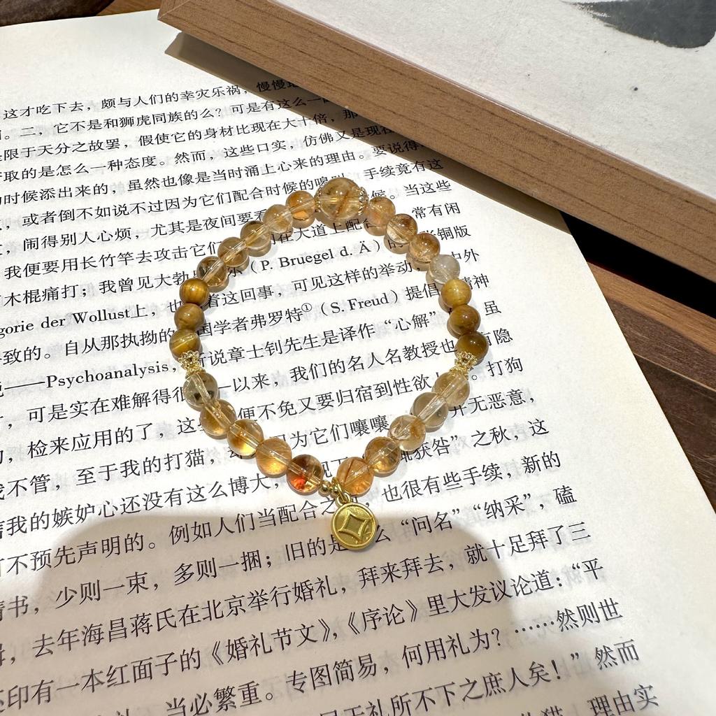 """Zehn Meilen des Glücks"" Text Neuer Chinesischer Stil Gelber Kristall Tigerauge Stein Perlenarmband Vielseitiges Mehrschichtiges Armband"""