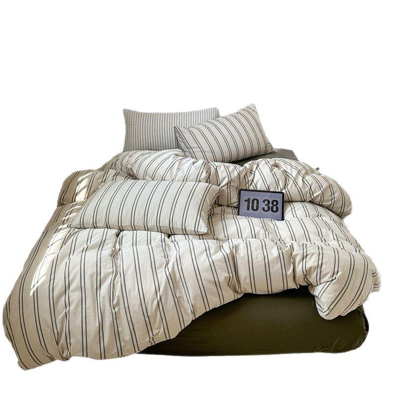 Retro Striped Four-piece Set, Cotton Pure Cotton 100 Washed Cotton Bed Sheet Quilt Cover, Male Student Dormitory Bed Three-piece Set 1