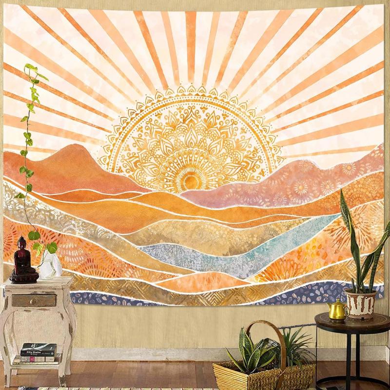 Bohemian Mandala Sunrise Wall-Hung Woven Carpet, Abstract Mountain Scene Pattern Woven Carpet, Suitable For Home Decoration 100X70CM