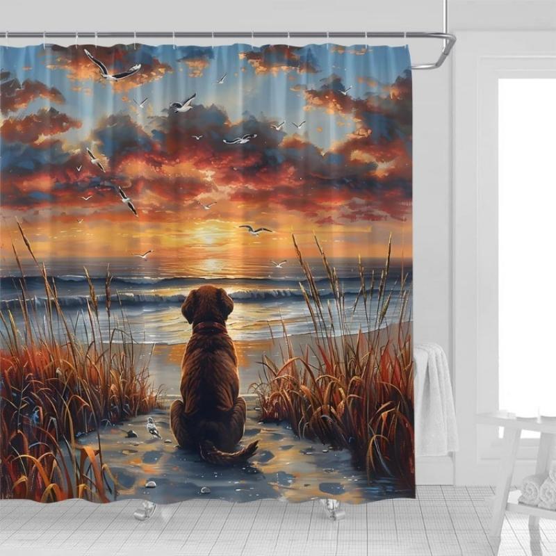 

Забавная собака пляжный занавес для душа Милое животное Океанский пляж Закат Восход Дикие травы Чайка Морской пейзаж Побережье Прекрасные домашние животные 90x180CM