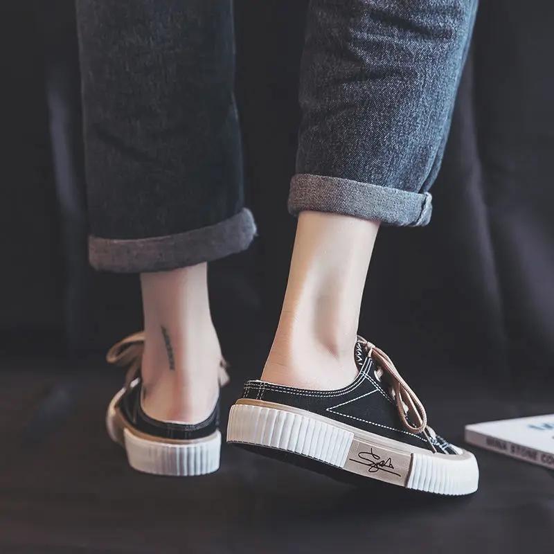 Fashion Mules Round Toe Women's Slippers And Ladies Sandals Slides Outside Shoes Canvas Black Vip Eva Luxury Chic Elegant Trend Footwear