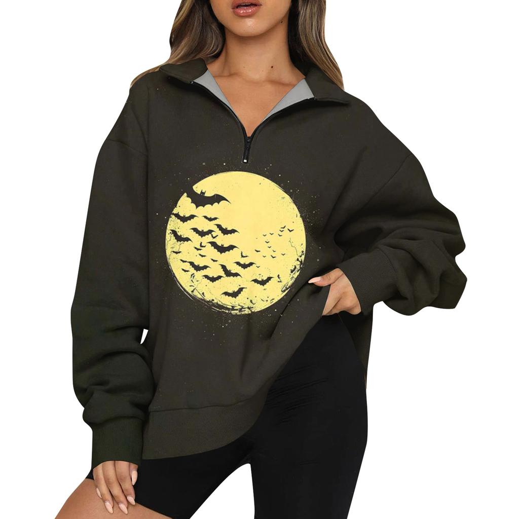 Women's Casual Fashion Long Sleeve  Print Oversize Zip Sweatshirt Top