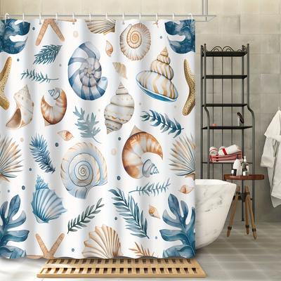 1pcs Cartoon Vintage Watercolor Marine Life Shell Conch Starfish Aquatic Plant Shower Curtain with Hooks for Bathroom Decoration