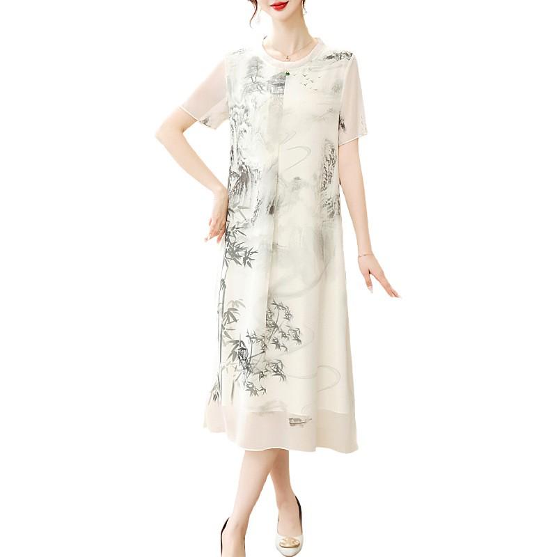 Elegant Summer Chiffon Dress: Chinese Style, Short Sleeves, Loose Plus Size for Middle-Aged and Elderly Women