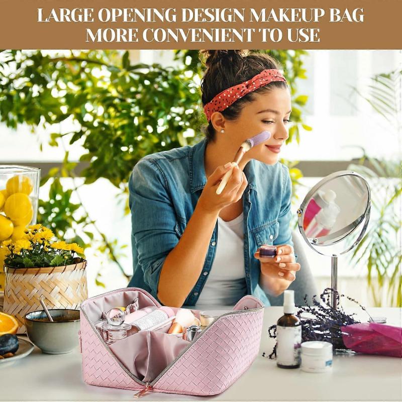 ZENGO Makeup Bag, PU Leather Waterproof Cosmetic Bag, Travel Makeup Bag With Handle (Pink)