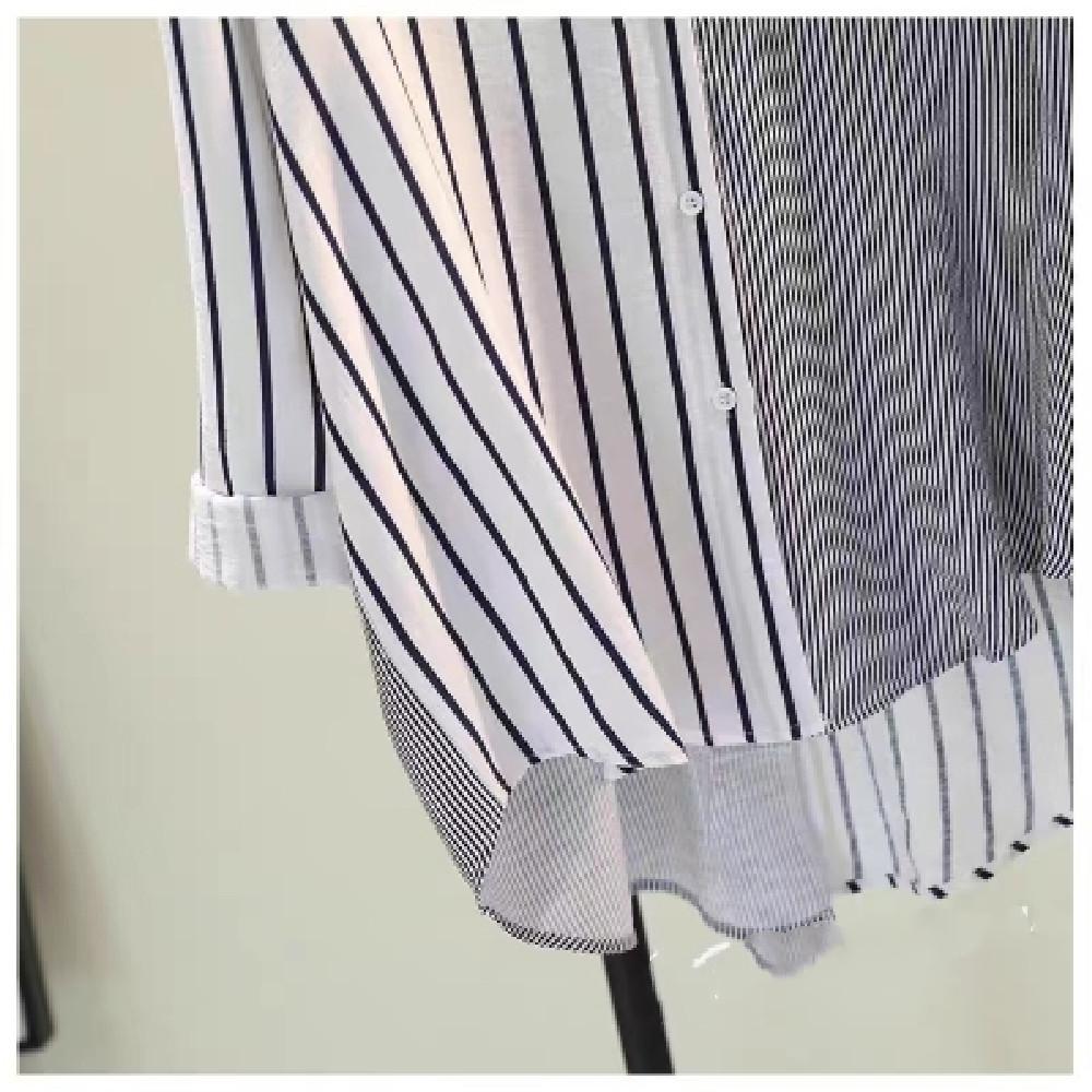 Single Pocket Color Blocking Vertical Striped Shirt Female Spring Literary Loose Casual Shirt Blouse Tide Vintage Basic Office Casual Women Shirt