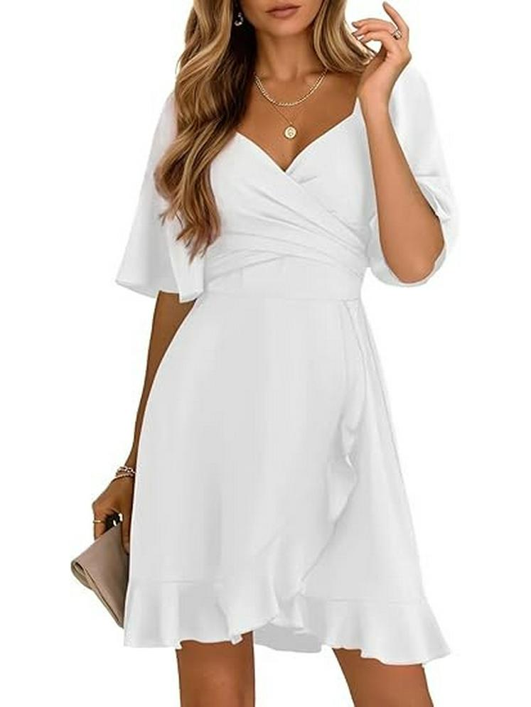2026 V-Neck Solid Color Ruffle Summer Dress for Women - Stylish Waist-cinching European and American Fashion
