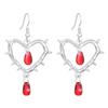 Spiked Heart Dangle Earrings With Red Drop Charms Gothic Style Silver Tone Earrings For Women