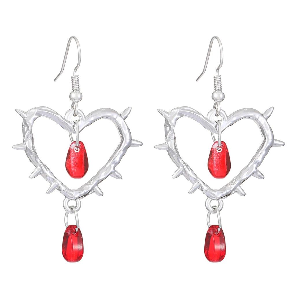 Spiked Heart Dangle Earrings With Red Drop Charms Gothic Style Silver Tone Earrings For Women