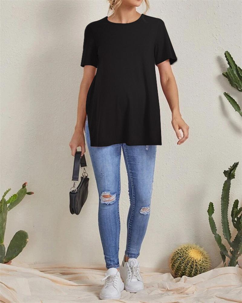 Nové těhotenské ležérní jednobarevné topy Sto kulatý výstřih s rozparkem Těhotenské oblečení topy s krátkým rukávem