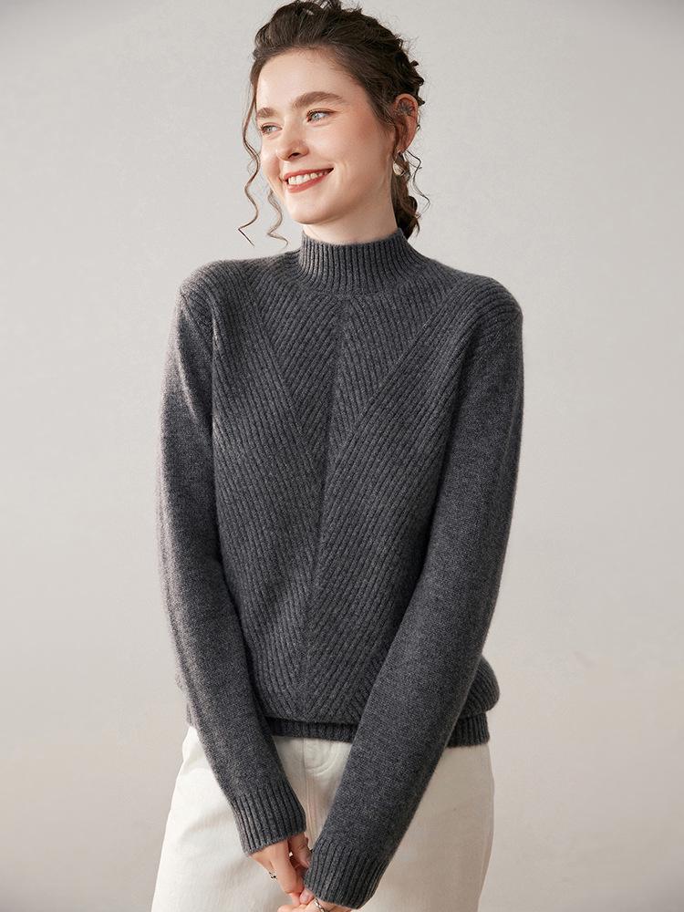 Women's Urban Casual Cashmere Sweater - Half-High Neck, Long Sleeve, Thick, Solid Color, Autumn/Winter Pullover Base Layer.