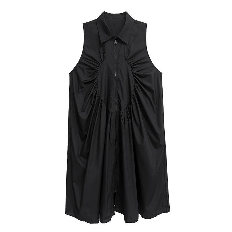 XITAO Fold Zipper Sleeveless Turn-down Collar Dress HQQ2445