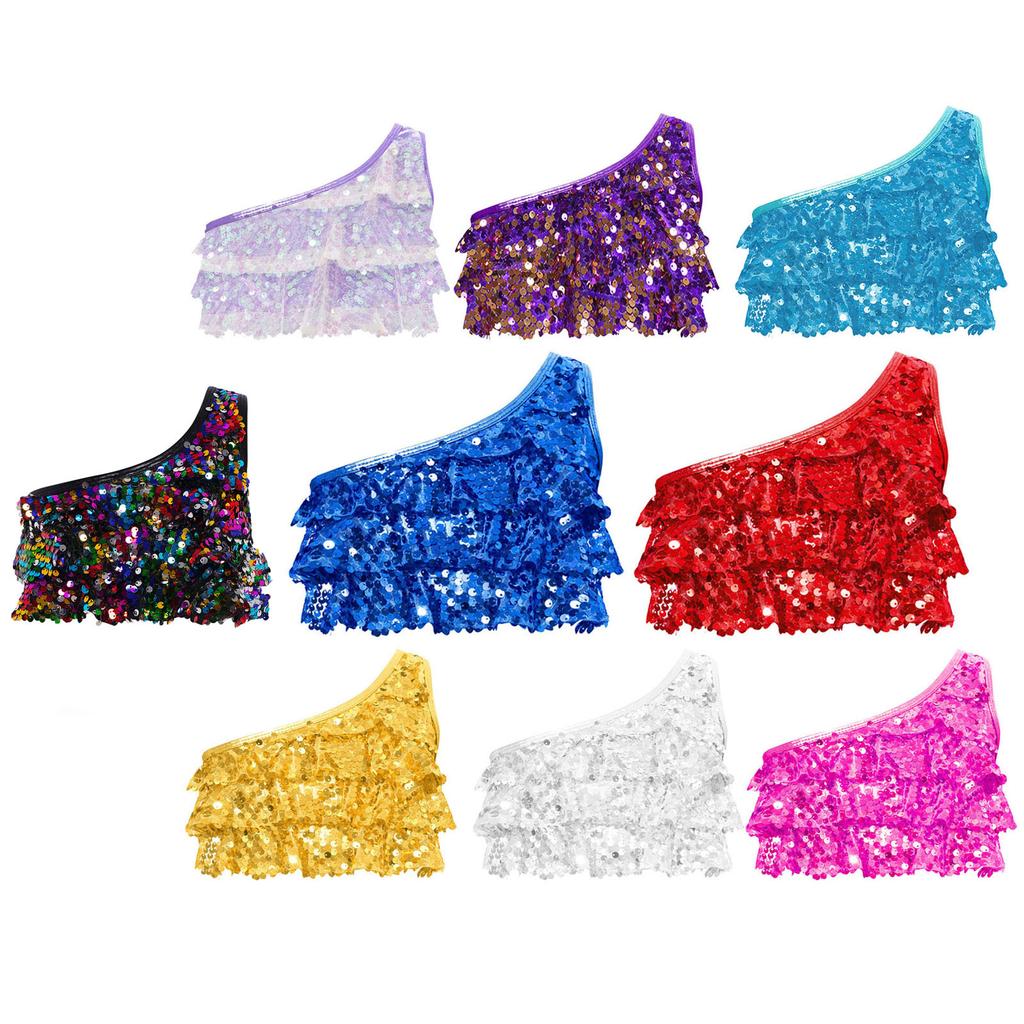 Girls Dance Top Shiny Sequins Tiered Ruffles Sleeveless Crop Top Metallic One Shoulder Vest