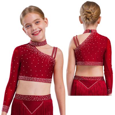 Flickors glittriga danslinnen Unik oregelbunden axel Crop top Strassdekorerad scenframträdandekostym