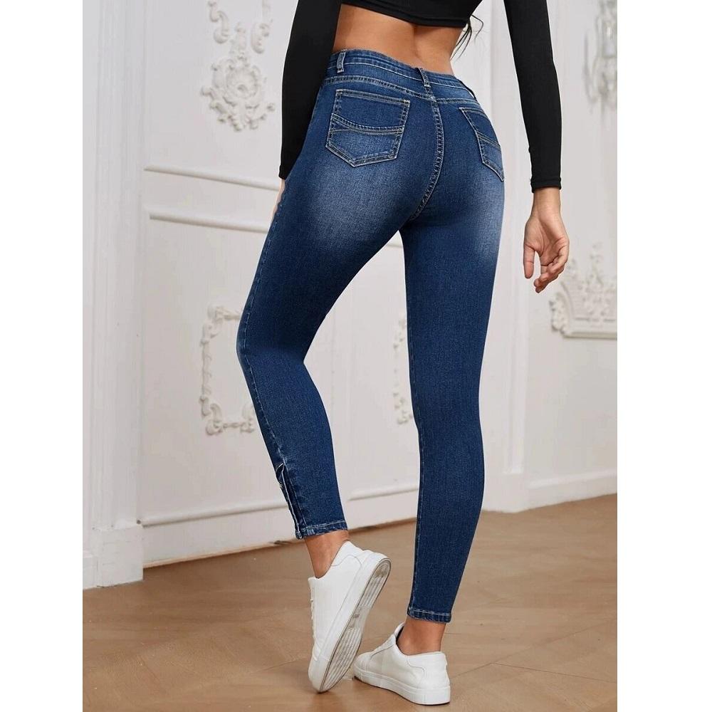 Women Stretch Denim Jeans Solid Color Skinny Pencil Pants Ladies Pockets Zipper Button Jean Trousers
