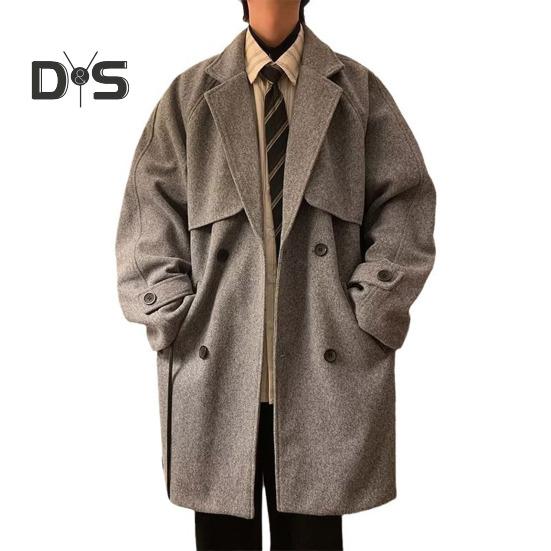 

Мужская ветровка с лацканами, длинный рукав, двубортное повседневное пальто, осень-зима, верхняя одежда средней длины, однотонное шерстяное пальто свободного кроя с карманами M серый