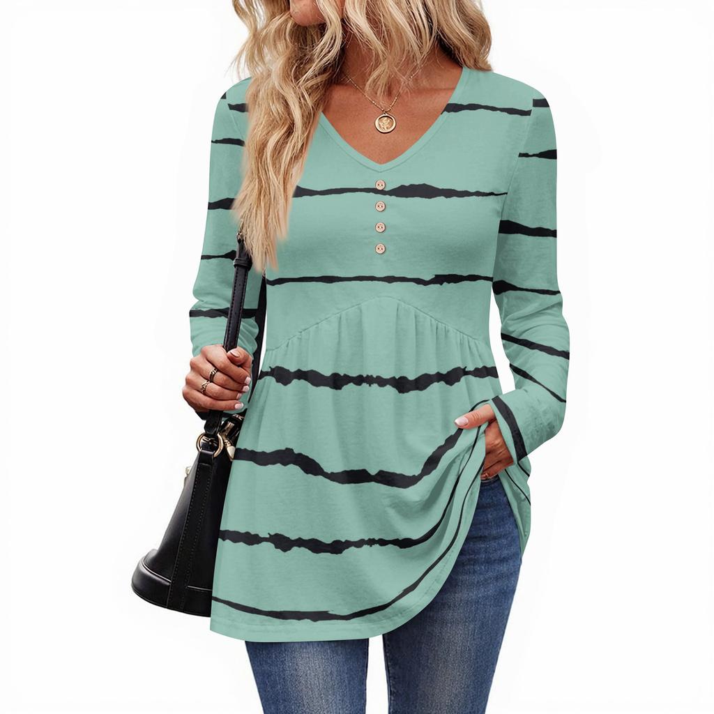 Women's Casual Fashion V-Neck Button Striped Long Sleeve Top