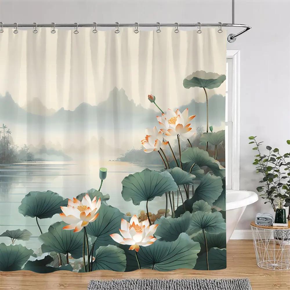 Lotus Flowers Shower Curtain Green Leaves Plant White Floral Chinese Style Home Wall Hanging Bathroom Curtains Decor with Hooks