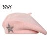 Artist Cap with Rhinestone Star Women Knitted Beret Hat for Fall Winter, French Style Knitting Star, Stretchy Solid Color Elastic