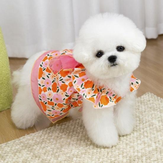 Spring Summer Pet Dress Ruffle Flying Sleeves Tulle Bow Floral Print Small