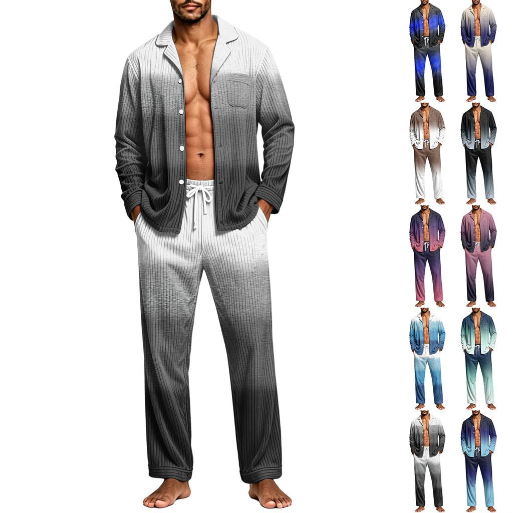 Men's Casual Pajama Set with Loose Fit Corduroy Pants and Printed Long Sleeve Lapel Collar Button-Front Top