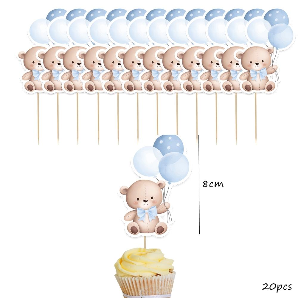 20pcs Balloon Bear Toppers Carton Cupcake Topper for Kids Baby Shower Bear Happy Birthday Party Decorations DIY Cake Supplies