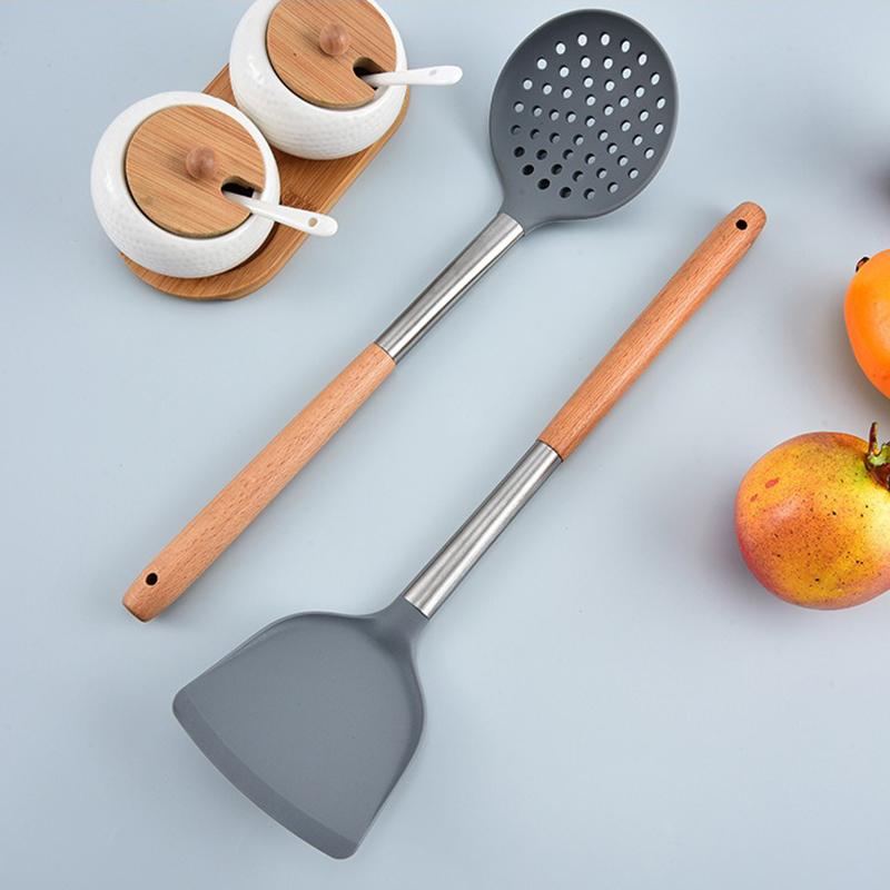 Silicone Kitchen Utensils Wooden Handle Non Stick Pot Kitchenware Cooking Set Heat-resistant Soup Spoon Pasta Colander Shovel
