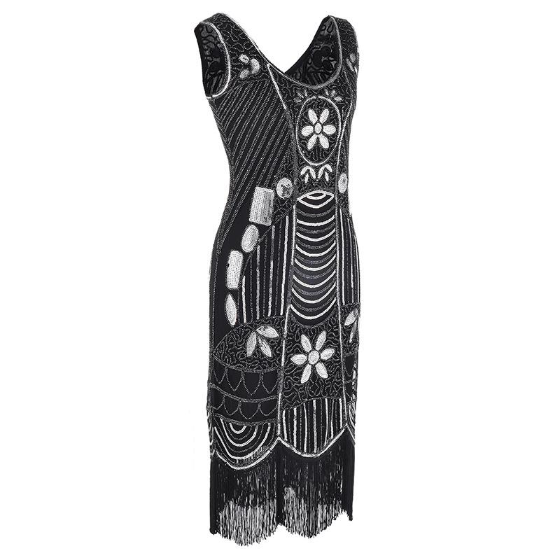 Popular, retro sequined beaded dress front and rear V-neck fashion fringed dress