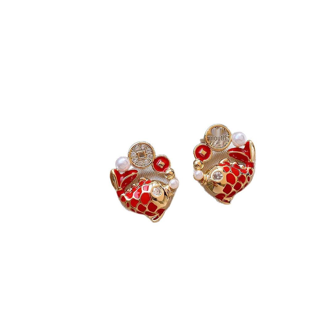 Silver Needle Koi Copper Coin Zirconia Stud Earrings - Chinese Trend, Light Luxury Pearl Accessories for Women