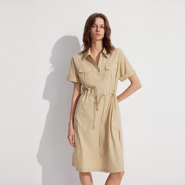 ELLE French Style Workwear Lapel Midi Solid Color Short Sleeve Dress Women dresses Khaki EL48432