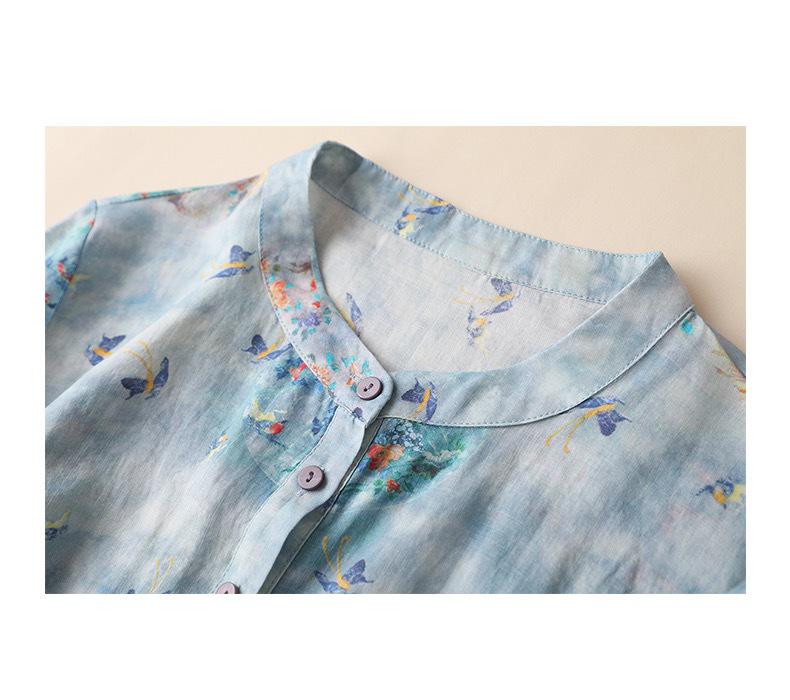 2025 Women's Trendy Loose Nine-Sleeve Printed Ramie Stand Collar Pullover Shirt