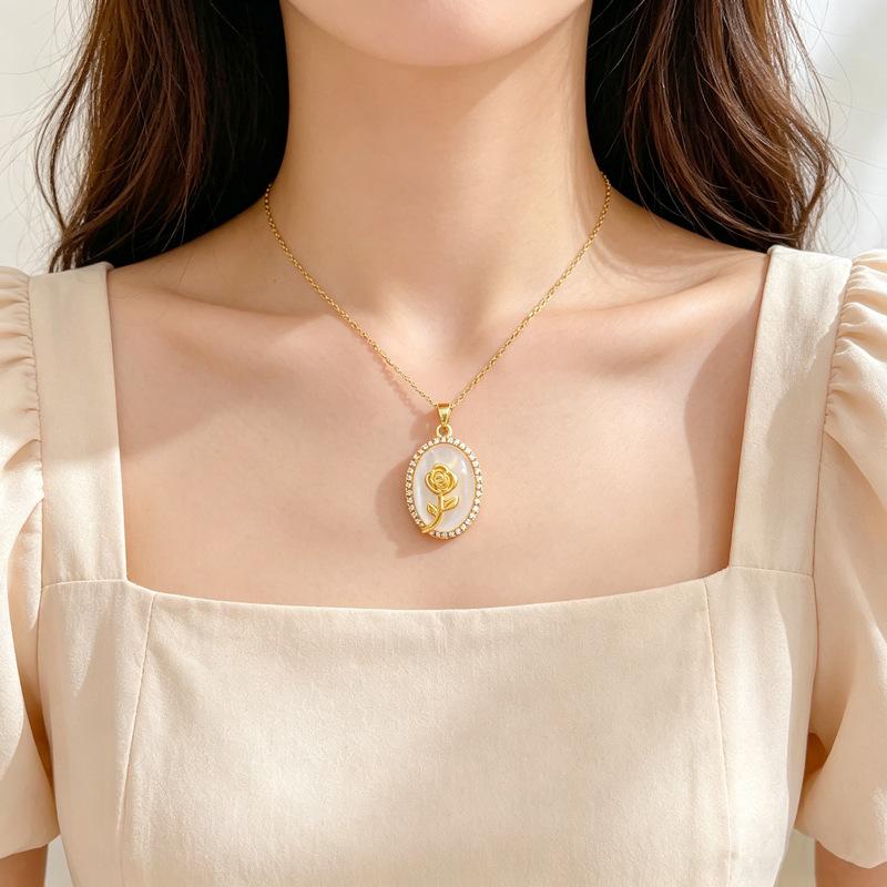 Stainless Steel Chain Necklace Vintage Moonstone Zircon Oval Pendant Rose Flower Necklace for Women Girls Fashion Jewelry Gifts