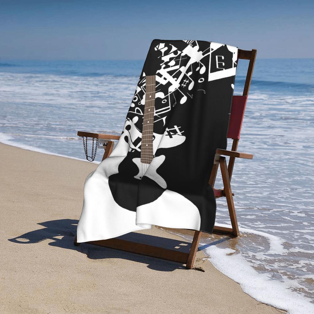 Asciugamano da Spiaggia con Motivo di Note di Chitarra Bianco e Nero a Tema Musicale Poliestere Ultra-Fine a Maglia Rapida Lavabile in Lavatrice