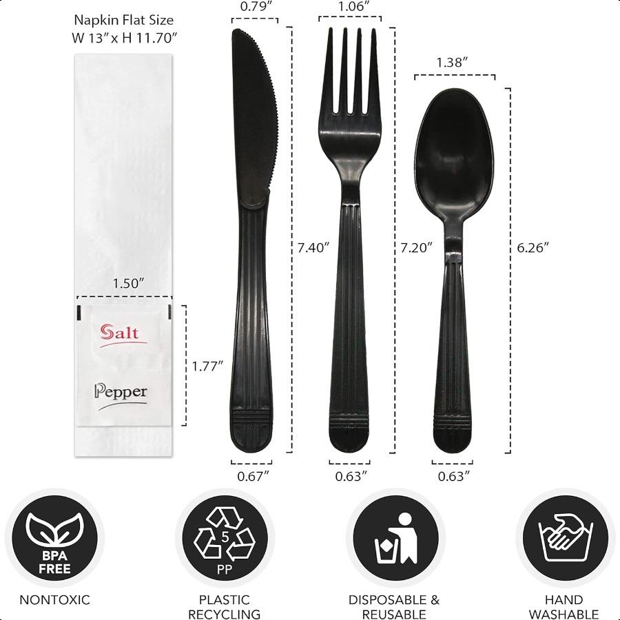 Individually Wrapped Plastic Cutlery Packets Heavy Duty Silverware Kits Fork Spoon Knife Napkin Salt Pepper 50 Utensils Sets Bl