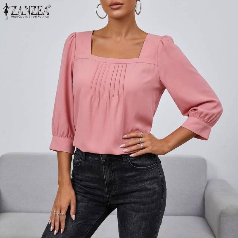 ZANZEA Dames Vierkante Hals Zomer Casual 3/4 Mouw Effen Blouse