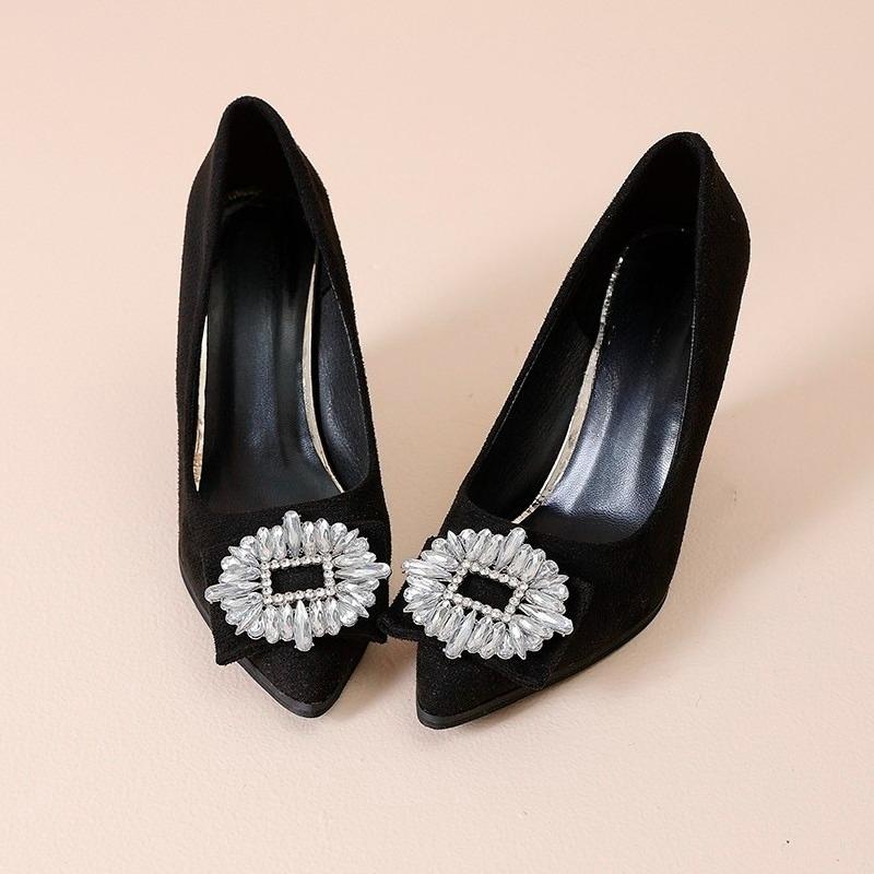 Fashion Wedge Black Single Shoes Women 2025 Spring New Fashion Rhinestone Pointed Toe Shallow Mouth Soft Sole High Heels